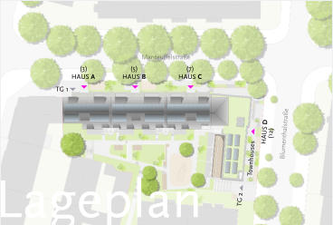 HAUS A HAUS B HAUS C Manteuffelstraße TG 1 (3) (5) (7) HAUS D (12) Blumenthalstraße Townhouses TG 2 Lageplan